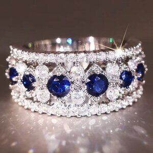 NEW 18k White Gold Blue Sapphire Diamond Ring Band